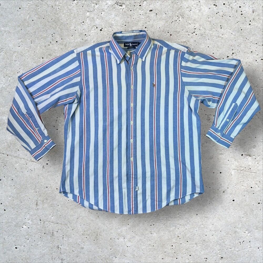 Vtg Ralph Lauren Oxford Shirt Mens L Striped Button Down Blue Red Flesh Pony